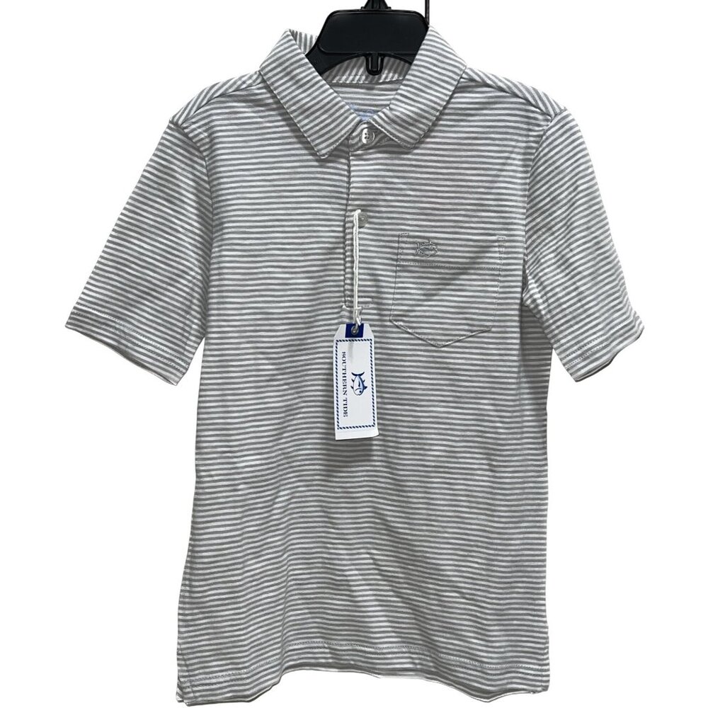 Southern Tide Pilings stripe seagull gray Sun Farer polo shirt YS YXL 6 7 16 NWT